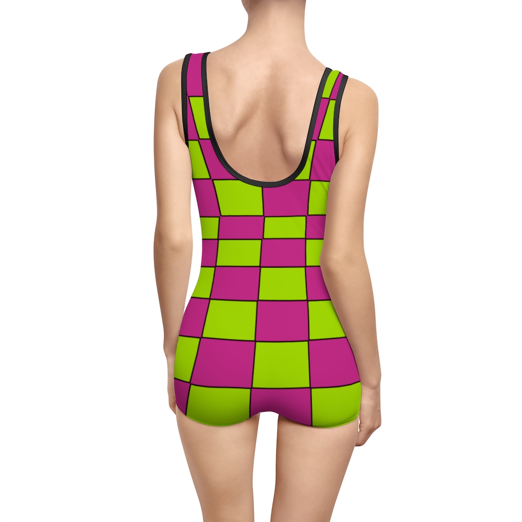 Women's Vintage Swimsuit Warp Pink on Green Checks - Image 2