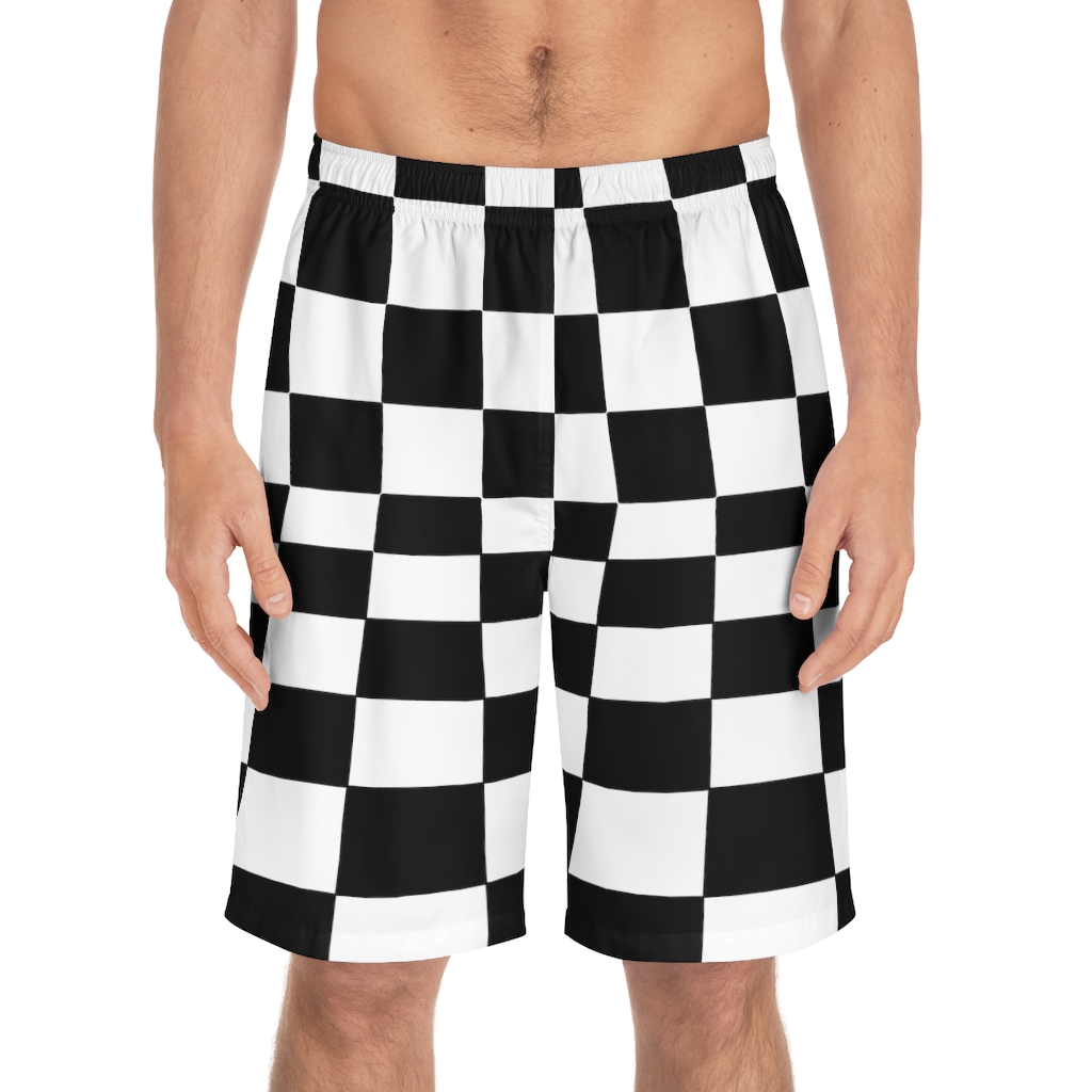 Men's Board Shorts Bent Checks Black on White - Image 9