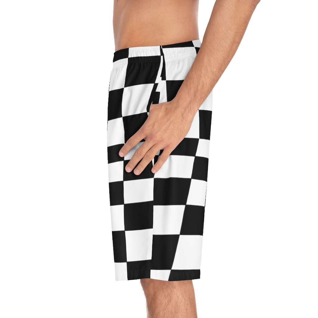 Men's Board Shorts Bent Checks Black on White - Image 13