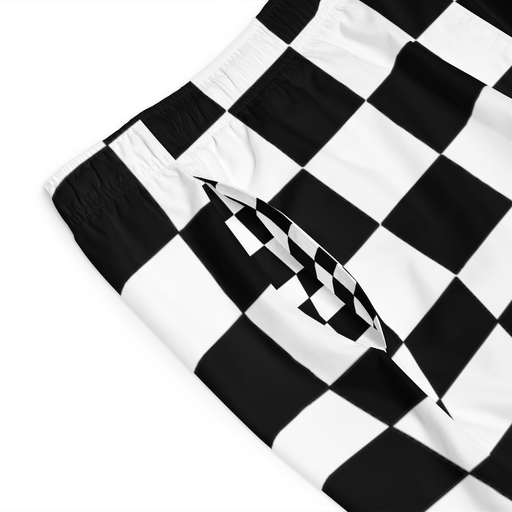 Men's Board Shorts Bent Checks Black on White - Image 16