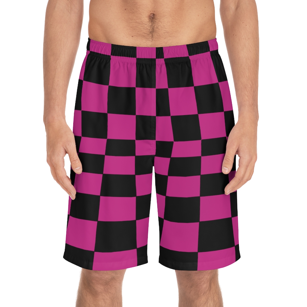 Men's Board Shorts Bent Checks Black on Pink - Image 9