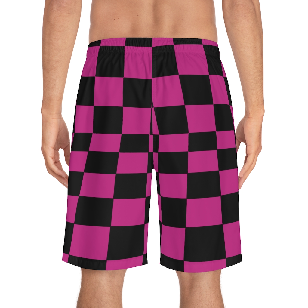 Men's Board Shorts Bent Checks Black on Pink - Image 4