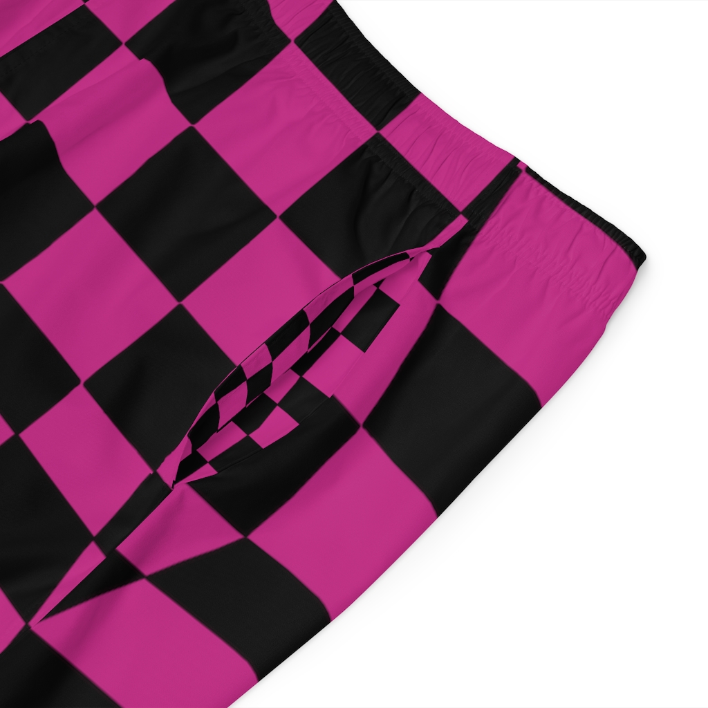 Men's Board Shorts Bent Checks Black on Pink - Image 7