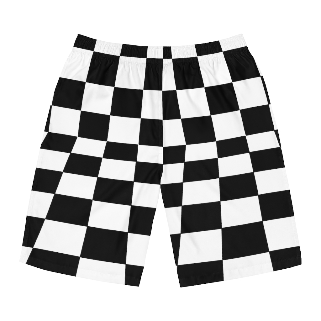 Men's Board Shorts Bent Checks Black on White - Image 18