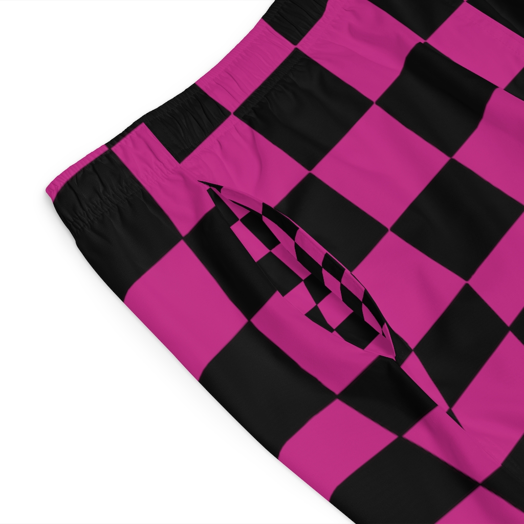 Men's Board Shorts Bent Checks Black on Pink - Image 24