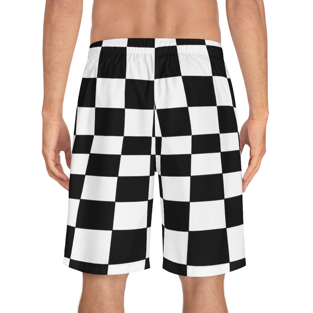 Men's Board Shorts Bent Checks Black on White - Image 28