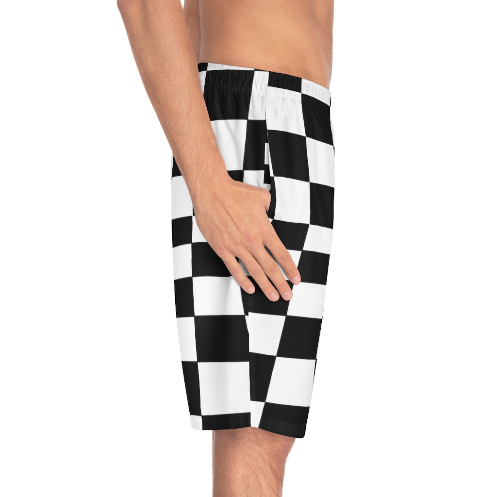 Men's Board Shorts Bent Checks Black on White - Image 30