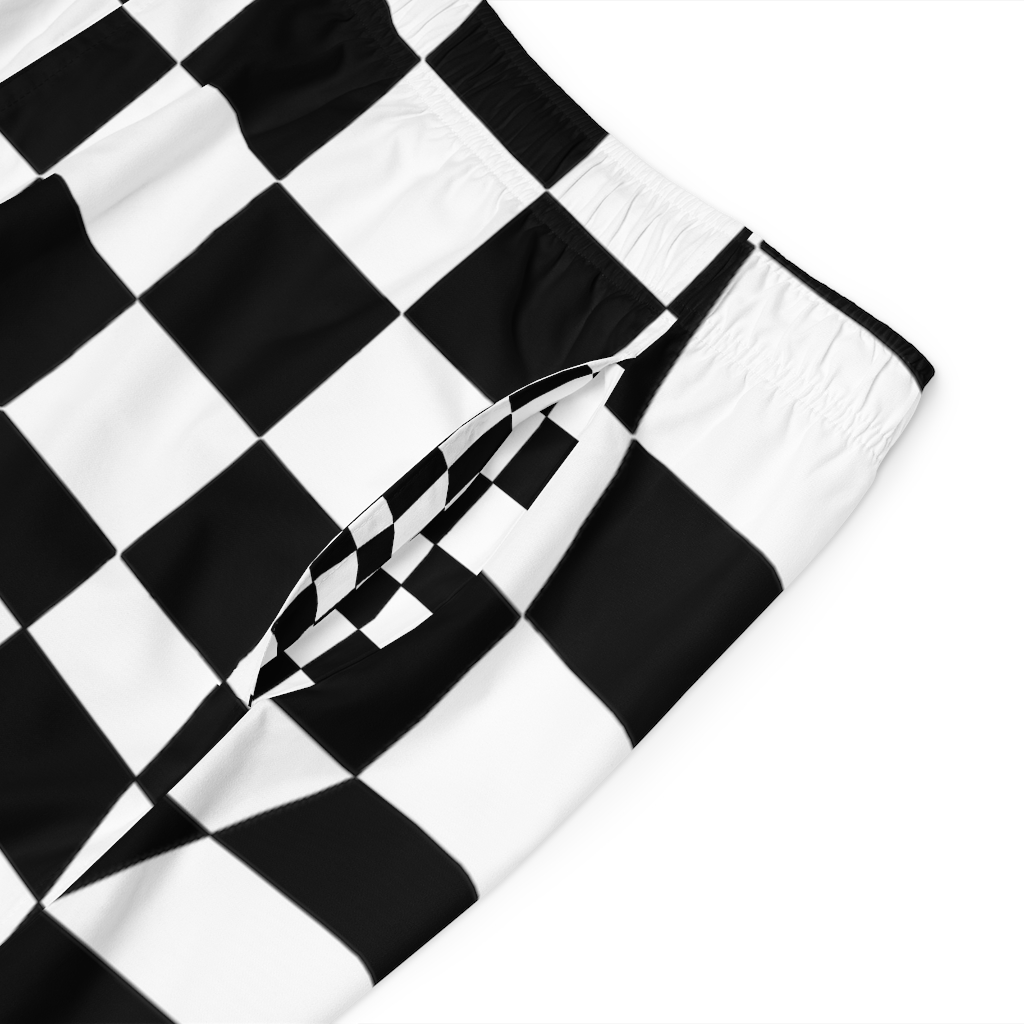 Men's Board Shorts Bent Checks Black on White - Image 31