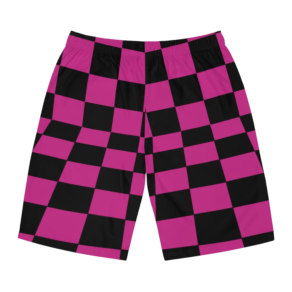 Men's Board Shorts Bent Checks Black on Pink - Image 27