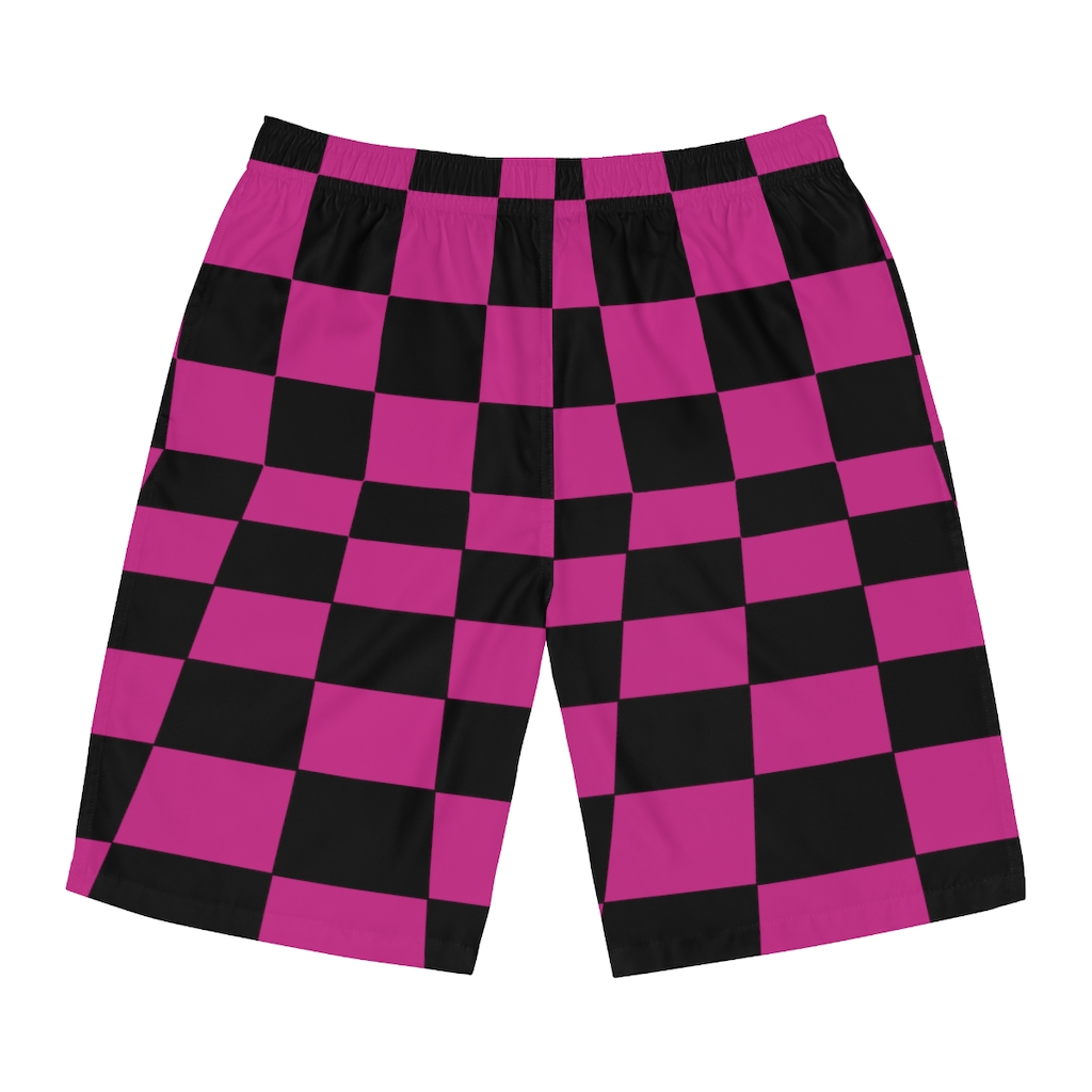 Men's Board Shorts Bent Checks Black on Pink - Image 34